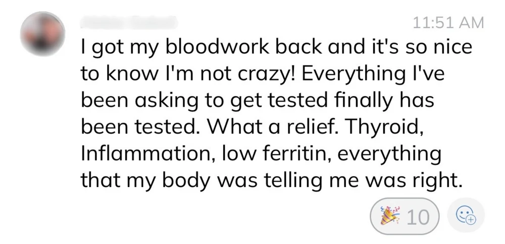 Client win: bloodwork confirmed thyroid, inflammation, and low ferritin issues